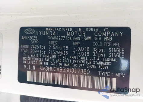 2025 Hyundai Kona Sel из США, поврежденный, VIN KM8HBCAB5SU317360
